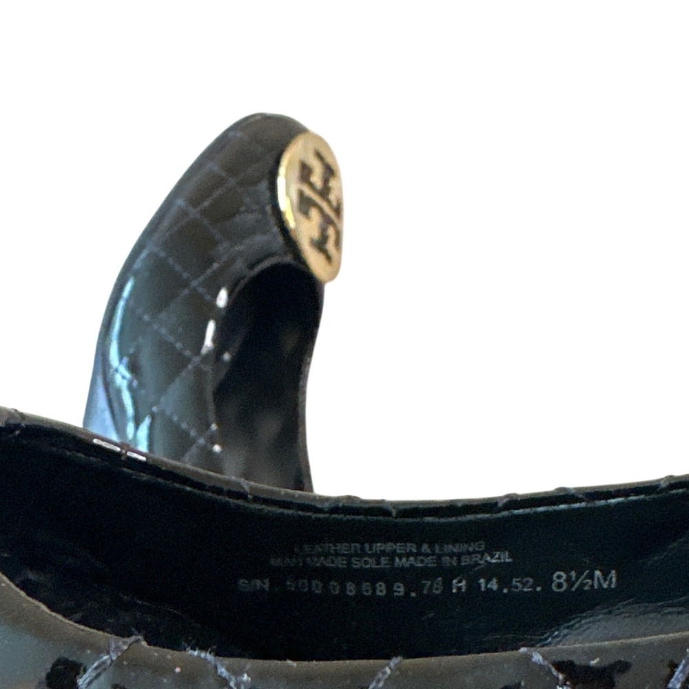 Tory Burch Quinn Quilted Patent Wedge Pumps Black Gold Logo Size 8.5 - Picture 8 of 11